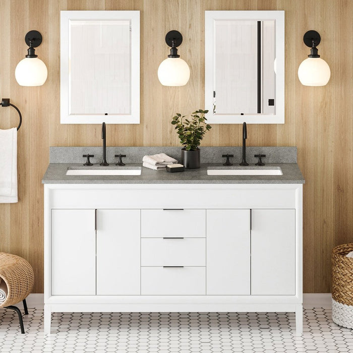 Jeffrey Alexander 60" White Theodora Vanity, double bowl, Steel Grey Cultured Marble Vanity Top, two undermount rectangle bowls