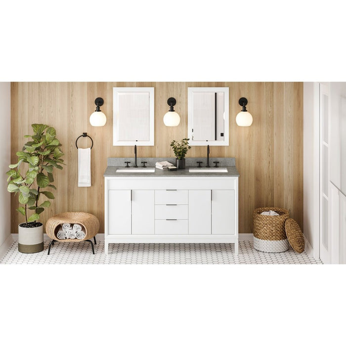 Jeffrey Alexander 60" White Theodora Vanity, double bowl, Steel Grey Cultured Marble Vanity Top, two undermount rectangle bowls