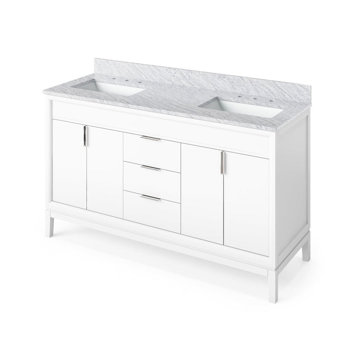 Jeffrey Alexander 60" White Theodora Vanity, double bowl, White Carrara Marble Vanity Top, two undermount rectangle bowls