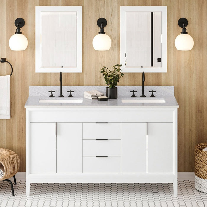 Jeffrey Alexander 60" White Theodora Vanity, double bowl, White Carrara Marble Vanity Top, two undermount rectangle bowls