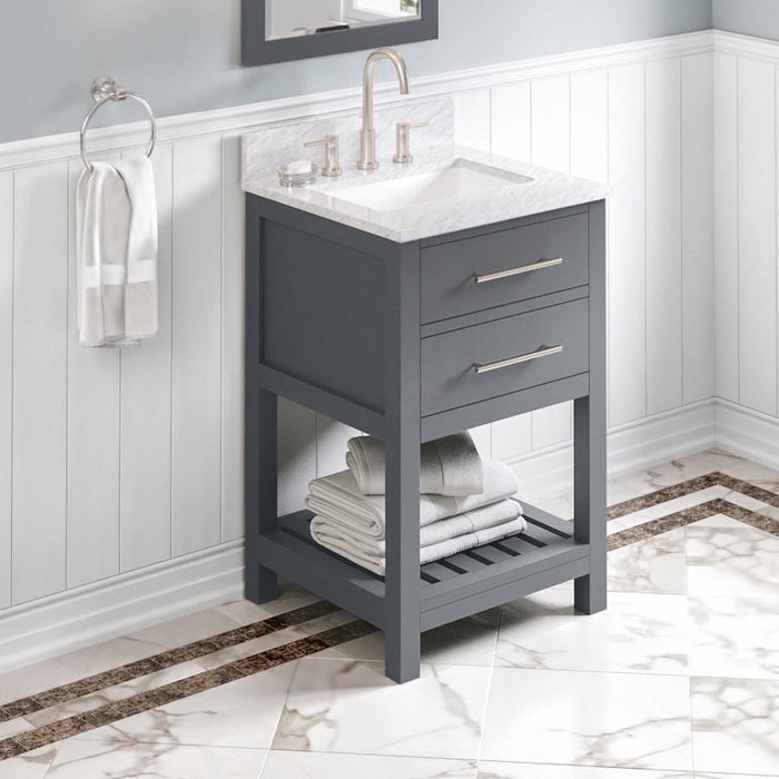 Jeffrey Alexander 24" Grey Wavecrest Vanity, White Carrara Marble Vanity Top, undermount rectangle bowl