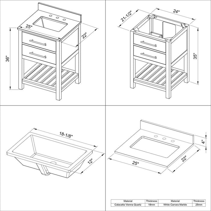 Jeffrey Alexander 24" Grey Wavecrest Vanity, White Carrara Marble Vanity Top, undermount rectangle bowl