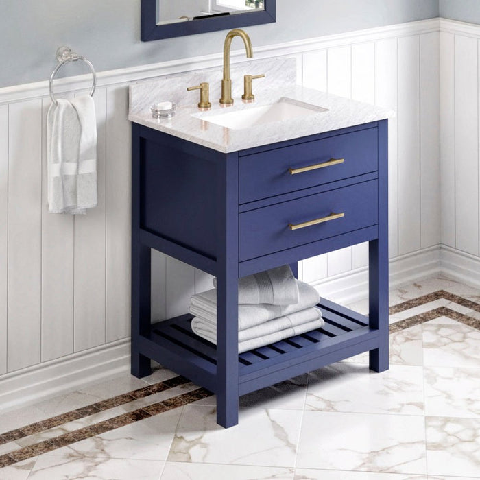 Jeffrey Alexander 30" Hale Blue Wavecrest Vanity, White Carrara Marble Vanity Top, undermount rectangle bowl