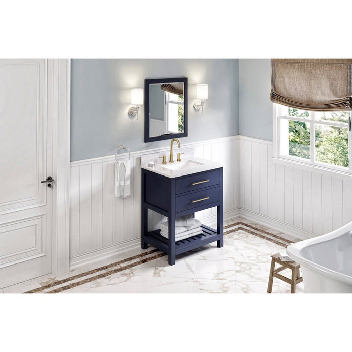 Jeffrey Alexander 30" Hale Blue Wavecrest Vanity, White Carrara Marble Vanity Top, undermount rectangle bowl