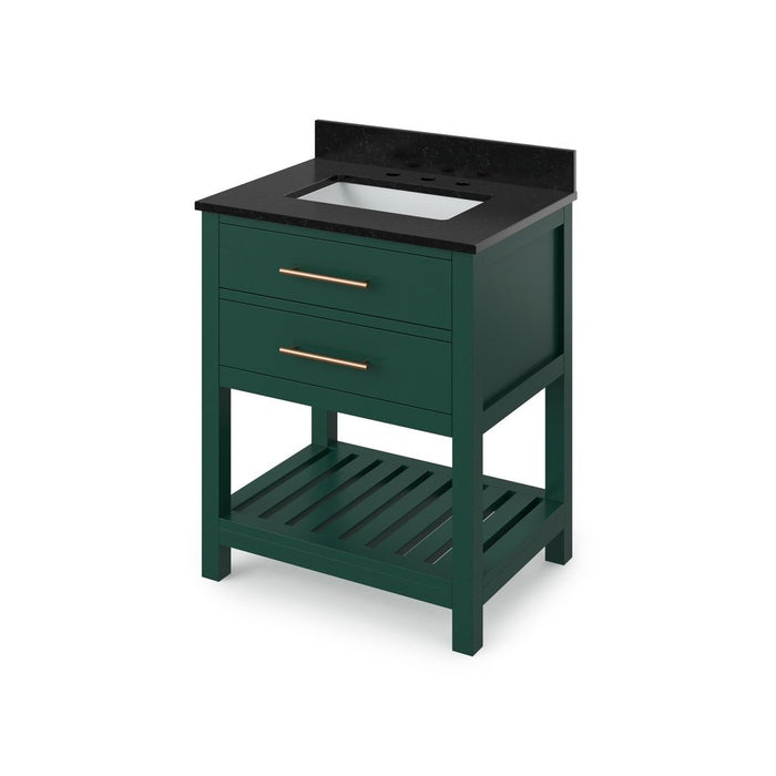 Jeffrey Alexander 30" Forest Green Wavecrest Vanity, Black Granite Vanity Top, undermount rectangle bowl