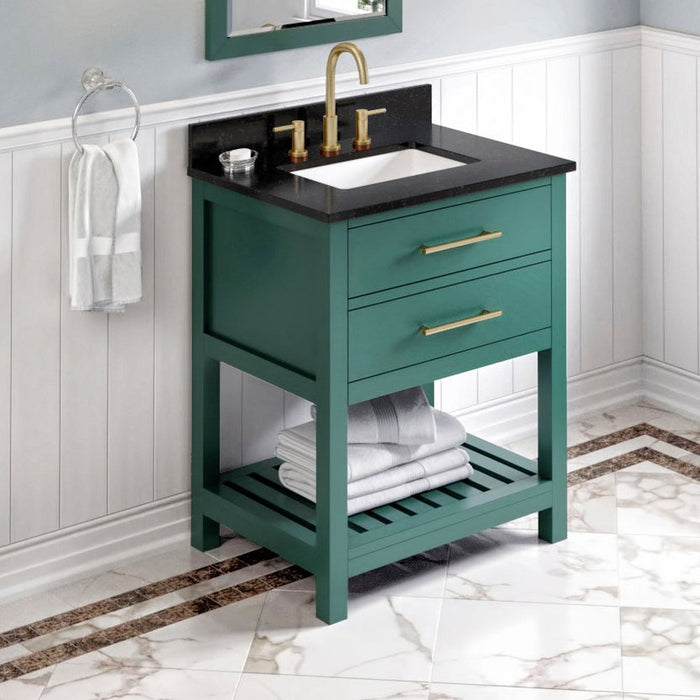 Jeffrey Alexander 30" Forest Green Wavecrest Vanity, Black Granite Vanity Top, undermount rectangle bowl