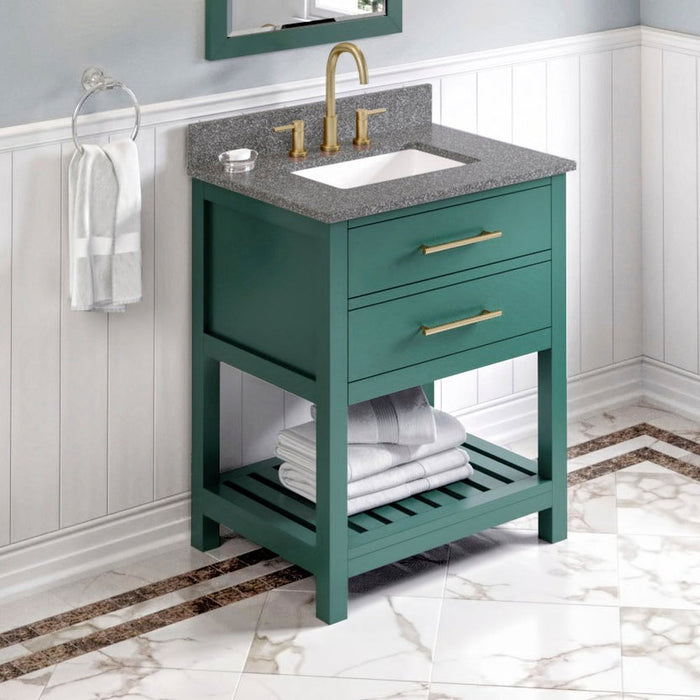 Jeffrey Alexander 30" Forest Green Wavecrest Vanity, Boulder Cultured Marble Vanity Top, undermount rectangle bowl