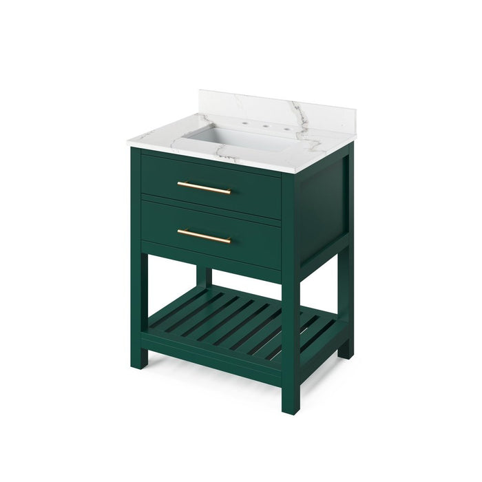 Jeffrey Alexander 30" Forest Green Wavecrest Vanity, Calacatta Vienna Quartz Vanity Top, undermount rectangle bowl