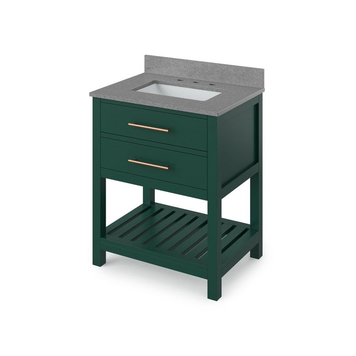 Jeffrey Alexander 30" Forest Green Wavecrest Vanity, Steel Grey Cultured Marble Vanity Top, undermount rectangle bowl