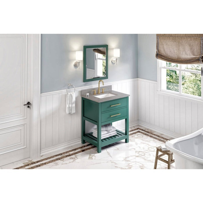 Jeffrey Alexander 30" Forest Green Wavecrest Vanity, Steel Grey Cultured Marble Vanity Top, undermount rectangle bowl