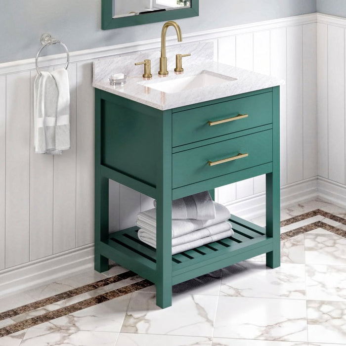 Jeffrey Alexander 30" Forest Green Wavecrest Vanity, White Carrara Marble Vanity Top, undermount rectangle bowl