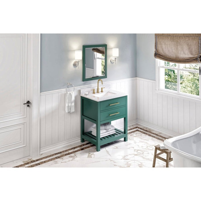 Jeffrey Alexander 30" Forest Green Wavecrest Vanity, White Carrara Marble Vanity Top, undermount rectangle bowl