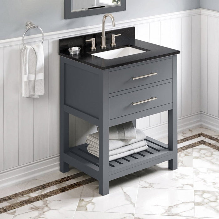 Jeffrey Alexander 30" Grey Wavecrest Vanity, Black Granite Vanity Top, undermount rectangle bowl