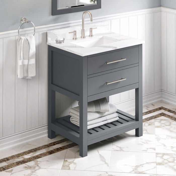 Jeffrey Alexander 30" Grey Wavecrest Vanity, Calacatta Vienna Quartz Vanity Top, undermount rectangle bowl