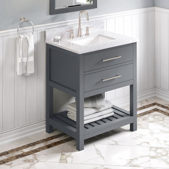 Jeffrey Alexander 30" Grey Wavecrest Vanity, White Carrara Marble Vanity Top, undermount rectangle bowl