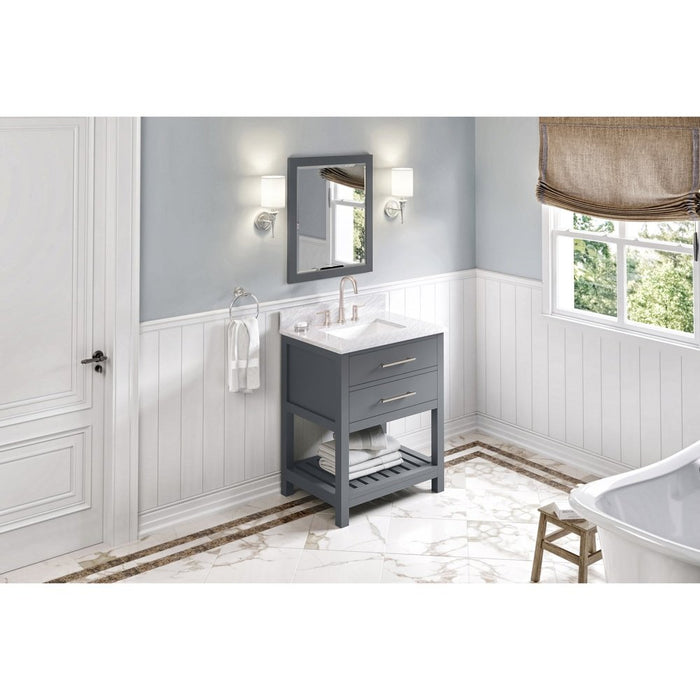 Jeffrey Alexander 30" Grey Wavecrest Vanity, White Carrara Marble Vanity Top, undermount rectangle bowl