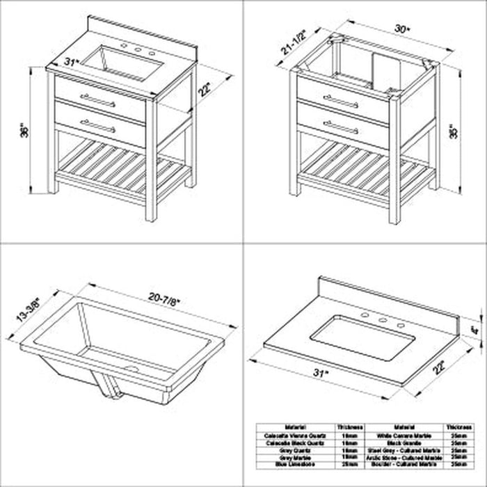 Jeffrey Alexander 30" Weathered Grey Wavecrest Vanity, White Carrara Marble Vanity Top, undermount rectangle bowl