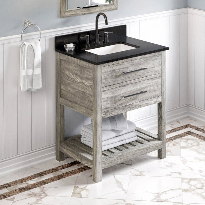 Jeffrey Alexander 30" Weathered Grey Wavecrest Vanity, Black Granite Vanity Top, undermount rectangle bowl