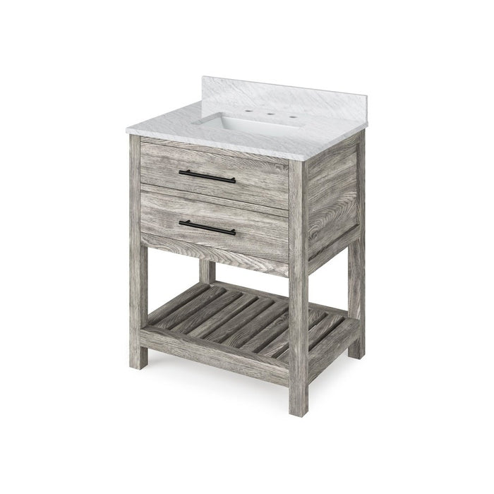 Jeffrey Alexander 30" Weathered Grey Wavecrest Vanity, White Carrara Marble Vanity Top, undermount rectangle bowl