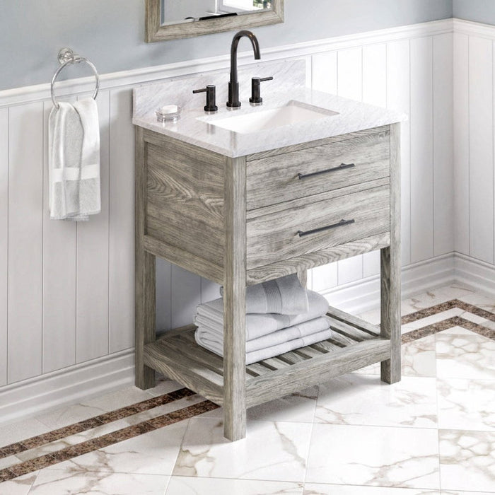 Jeffrey Alexander 30" Weathered Grey Wavecrest Vanity, White Carrara Marble Vanity Top, undermount rectangle bowl