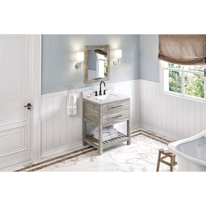 Jeffrey Alexander 30" Weathered Grey Wavecrest Vanity, White Carrara Marble Vanity Top, undermount rectangle bowl