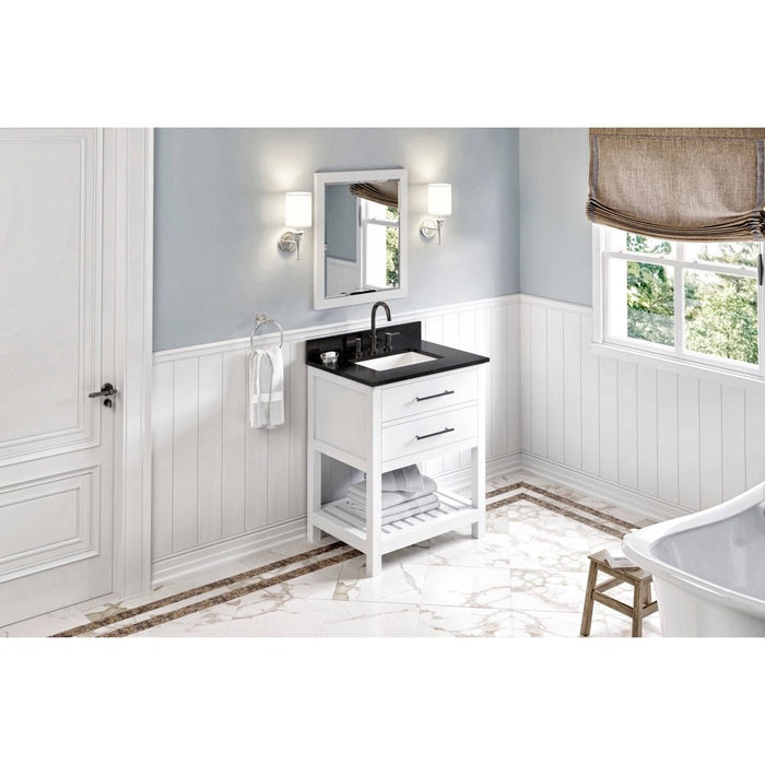 Jeffrey Alexander 30" White Wavecrest Vanity, Black Granite Vanity Top, undermount rectangle bowl