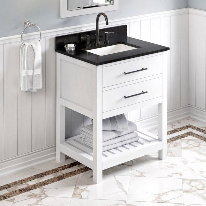 Jeffrey Alexander 30" White Wavecrest Vanity, Black Granite Vanity Top, undermount rectangle bowl