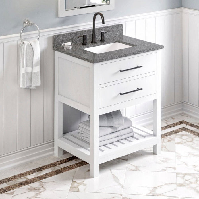 Jeffrey Alexander 30" White Wavecrest Vanity, Boulder Cultured Marble Vanity Top, undermount rectangle bowl