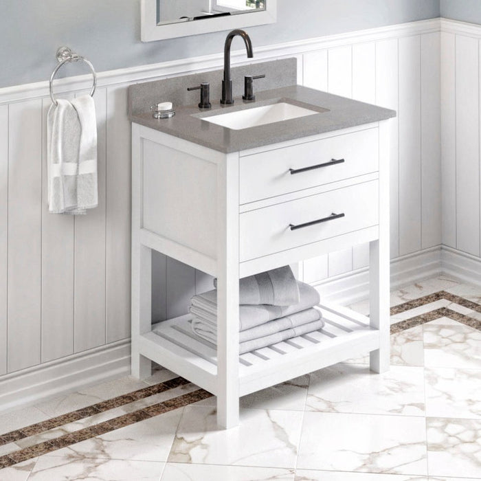 Jeffrey Alexander 30" White Wavecrest Vanity, Steel Grey Cultured Marble Vanity Top, undermount rectangle bowl