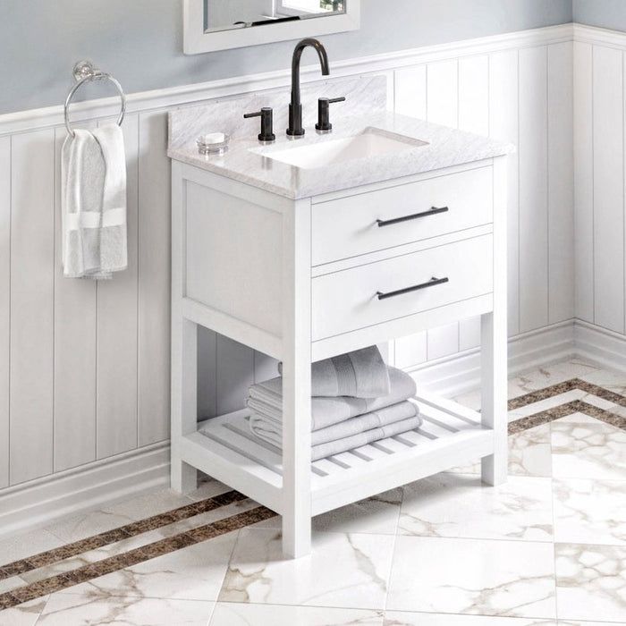 Jeffrey Alexander 30" White Wavecrest Vanity, White Carrara Marble Vanity Top, undermount rectangle bowl