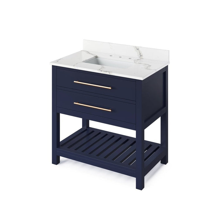 Jeffrey Alexander 36" Hale Blue Wavecrest Vanity, Calacatta Vienna Quartz Vanity Top, undermount rectangle bowl