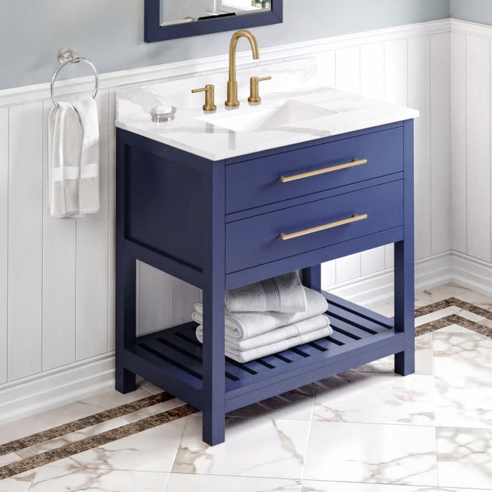 Jeffrey Alexander 36" Hale Blue Wavecrest Vanity, Calacatta Vienna Quartz Vanity Top, undermount rectangle bowl