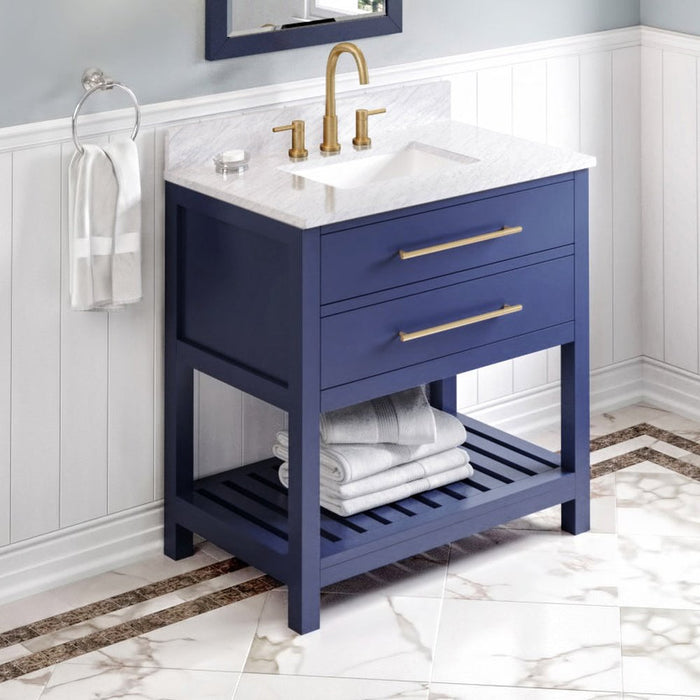 Jeffrey Alexander 36" Hale Blue Wavecrest Vanity, White Carrara Marble Vanity Top, undermount rectangle bowl