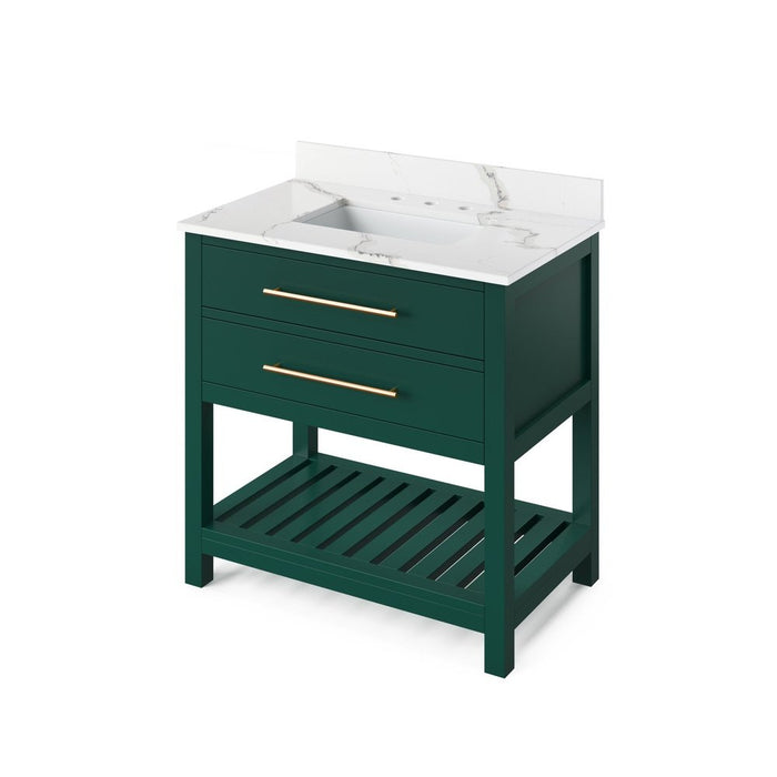 Jeffrey Alexander 36" Forest Green Wavecrest Vanity, Calacatta Vienna Quartz Vanity Top, undermount rectangle bowl