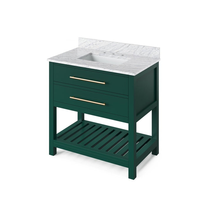 Jeffrey Alexander 36" Forest Green Wavecrest Vanity, White Carrara Marble Vanity Top, undermount rectangle bowl