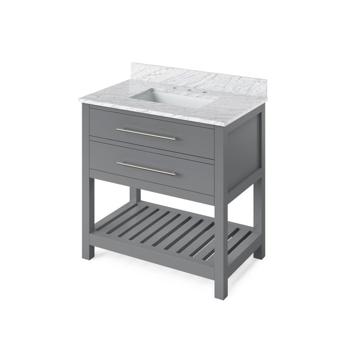 Jeffrey Alexander 36" Grey Wavecrest Vanity, White Carrara Marble Vanity Top, undermount rectangle bowl