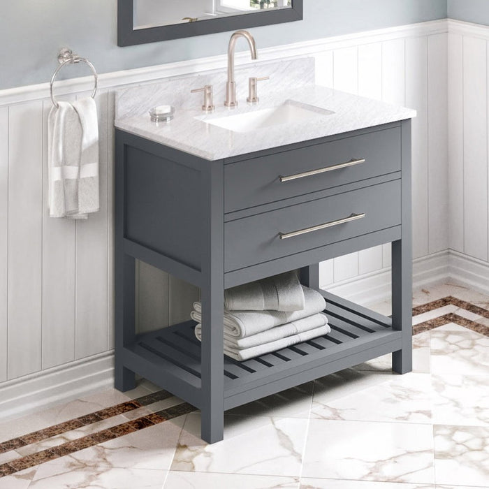 Jeffrey Alexander 36" Grey Wavecrest Vanity, White Carrara Marble Vanity Top, undermount rectangle bowl