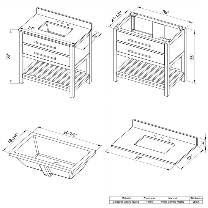 Jeffrey Alexander 36" Grey Wavecrest Vanity, White Carrara Marble Vanity Top, undermount rectangle bowl