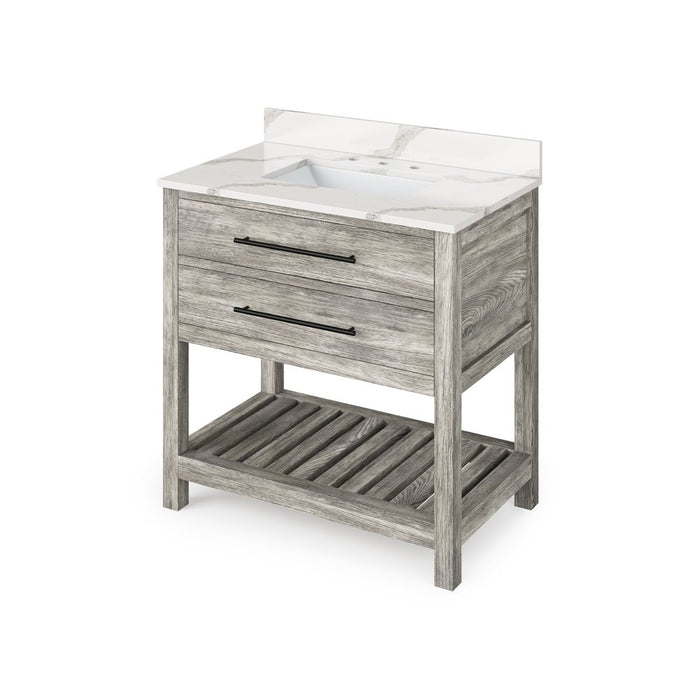 Jeffrey Alexander 36" Weathered Grey Wavecrest Vanity, Calacatta Vienna Quartz Vanity Top, undermount rectangle bowl