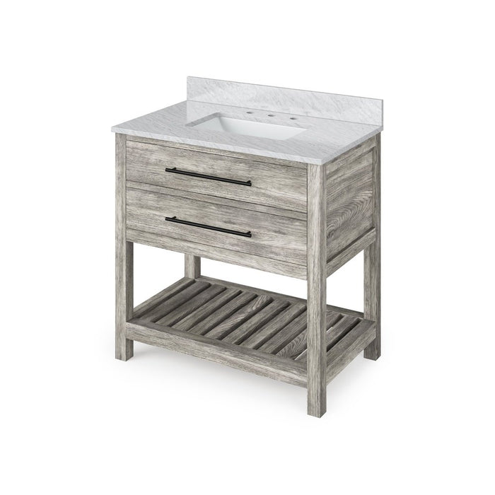 Jeffrey Alexander 36" Weathered Grey Wavecrest Vanity, White Carrara Marble Vanity Top, undermount rectangle bowl