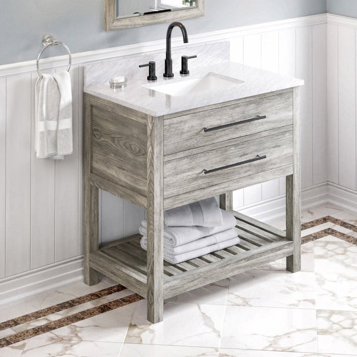 Jeffrey Alexander 36" Weathered Grey Wavecrest Vanity, White Carrara Marble Vanity Top, undermount rectangle bowl