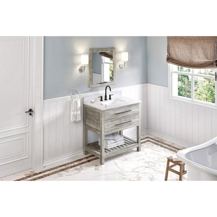 Jeffrey Alexander 36" Weathered Grey Wavecrest Vanity, White Carrara Marble Vanity Top, undermount rectangle bowl