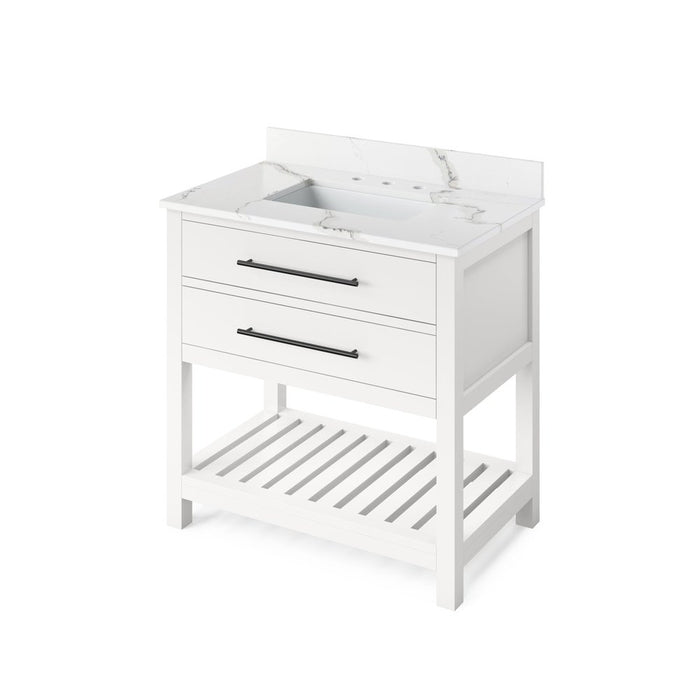 Jeffrey Alexander 36" White Wavecrest Vanity, Calacatta Vienna Quartz Vanity Top, undermount rectangle bowl