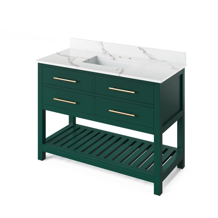 Jeffrey Alexander 48" Forest Green Wavecrest Vanity, Calacatta Vienna Quartz Vanity Top, undermount rectangle bowl