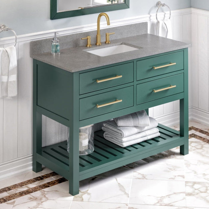 Jeffrey Alexander 48" Forest Green Wavecrest Vanity, Steel Grey Cultured Marble Vanity Top, undermount rectangle bowl