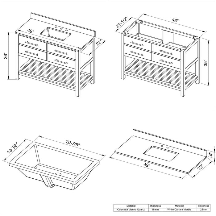 Jeffrey Alexander 48" White Wavecrest Vanity, Boulder Cultured Marble Vanity Top, undermount rectangle bowl