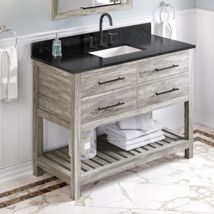 Jeffrey Alexander 48" Weathered Grey Wavecrest Vanity, Black Granite Vanity Top, undermount rectangle bowl