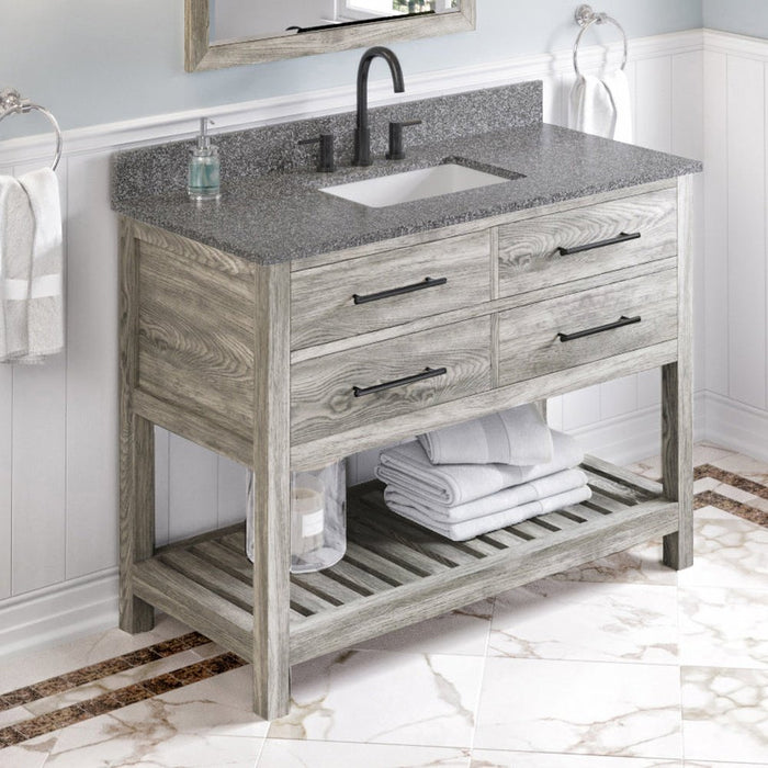 Jeffrey Alexander 48" Weathered Grey Wavecrest Vanity, Boulder Cultured Marble Vanity Top, undermount rectangle bowl