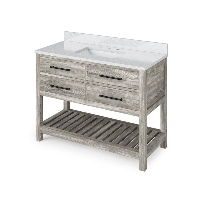 Jeffrey Alexander 48" Weathered Grey Wavecrest Vanity, White Carrara Marble Vanity Top, undermount rectangle bowl