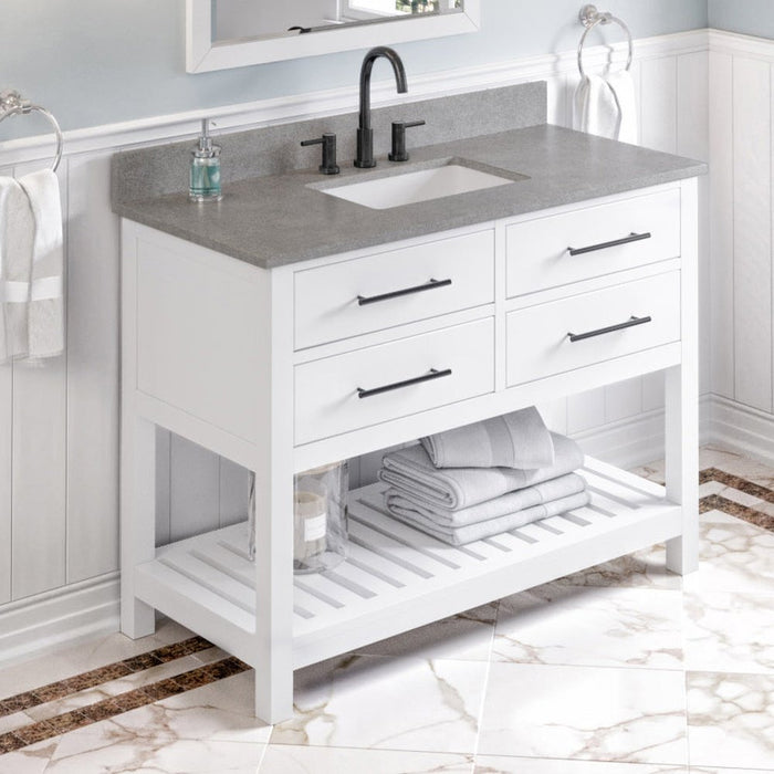 Jeffrey Alexander 48" White Wavecrest Vanity, Steel Grey Cultured Marble Vanity Top, undermount rectangle bowl